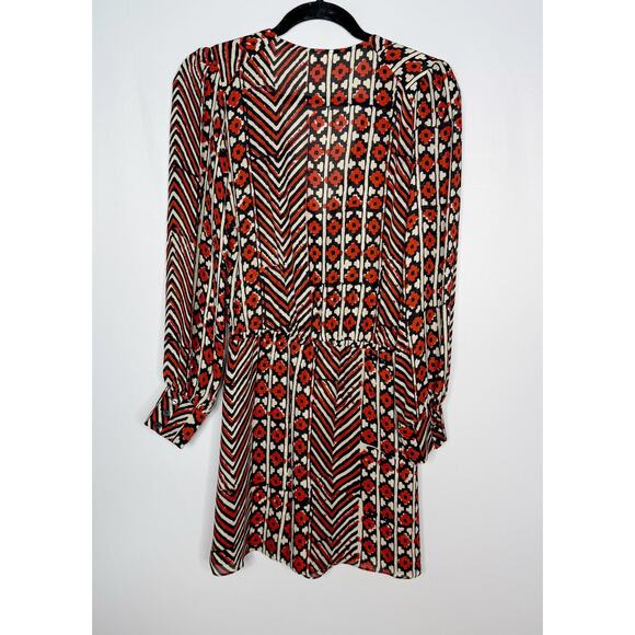 Parker XS Red Cream Black Geometric Print Silk Long Sleeve Surplice Neck Dress - Picture 2 of 8